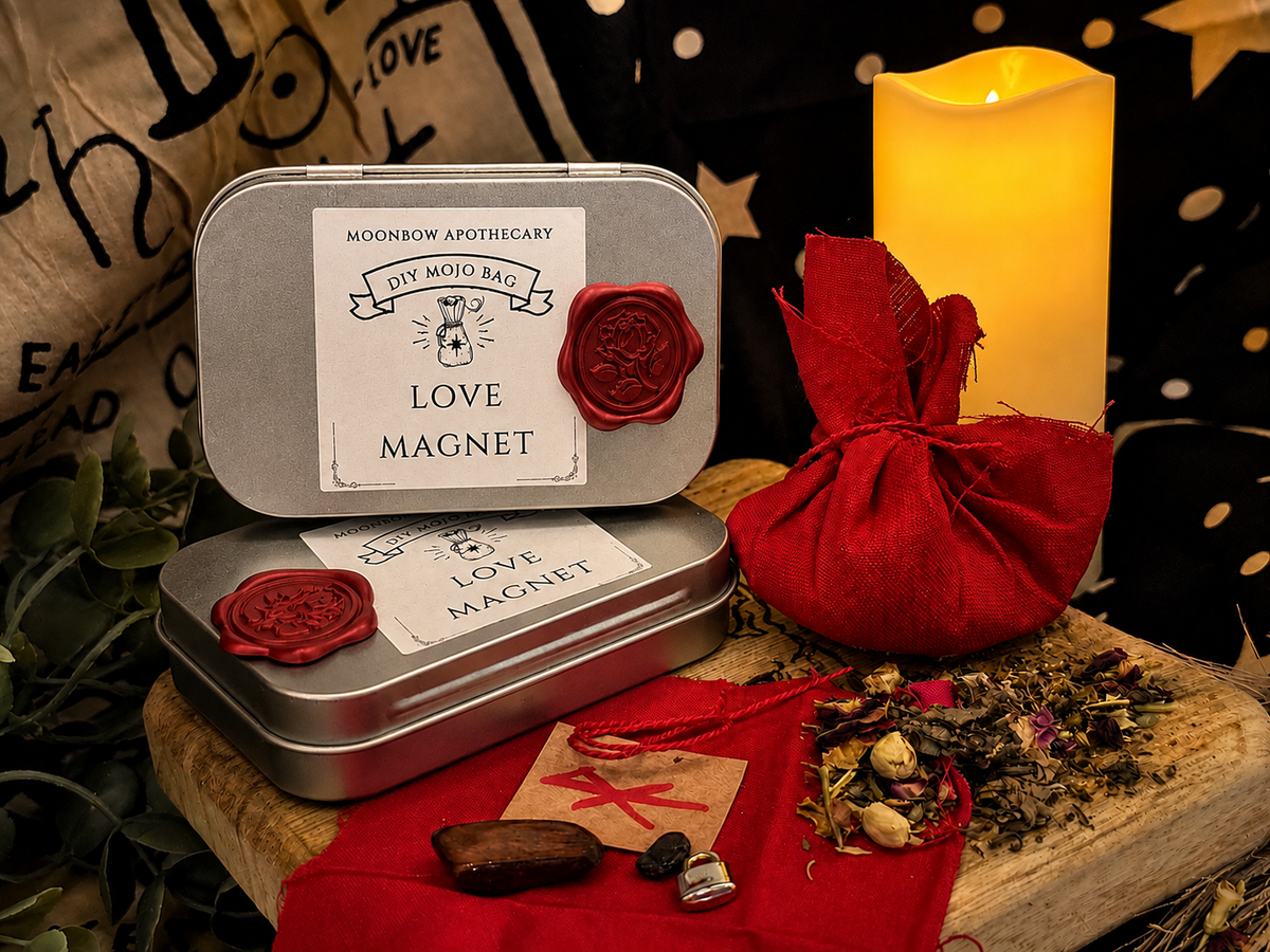 DIY Mojo Bag Love Magnet lifestyle photo with red mojo bag, herbs, and candle