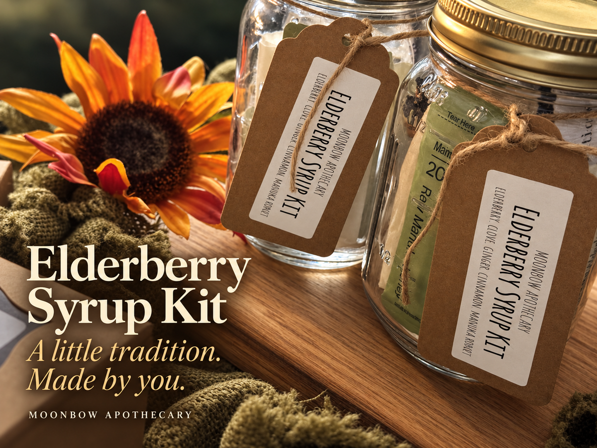 Moonbow elderberry syrup kit with jars and botanical ingredients