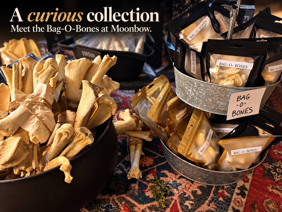 Bone bundles and Bag-o-Bones curios displayed at Moonbow