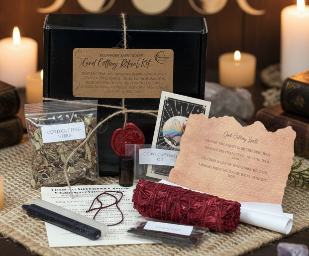 Wiccan ritual kit with black box, herbs, candles, and cards on a textured surface.