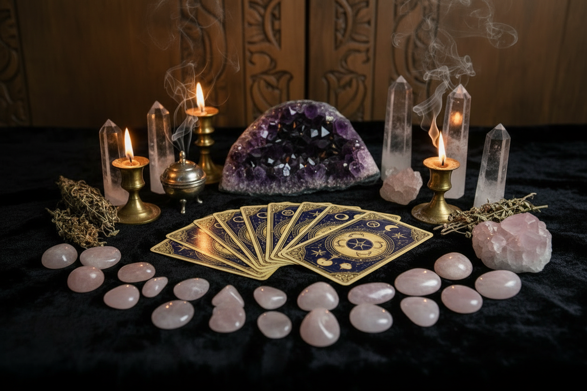 Tarot cards, crystals, and candles arranged for a reading