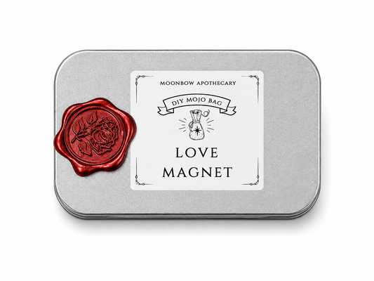DIY Mojo Bag Love Magnet ritual tin with red rose wax seal
