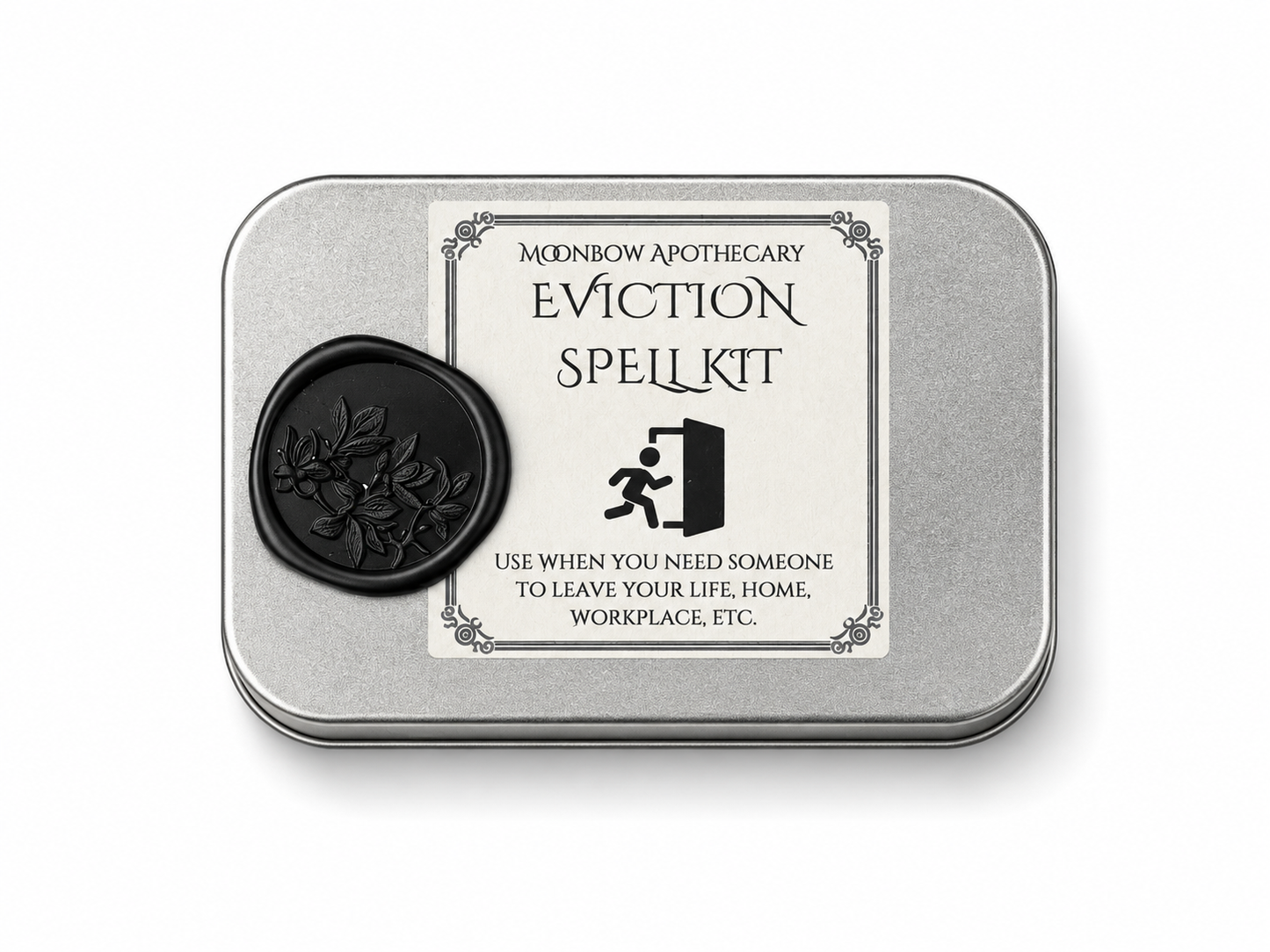 Eviction Spell Kit ritual tin with black botanical wax seal
