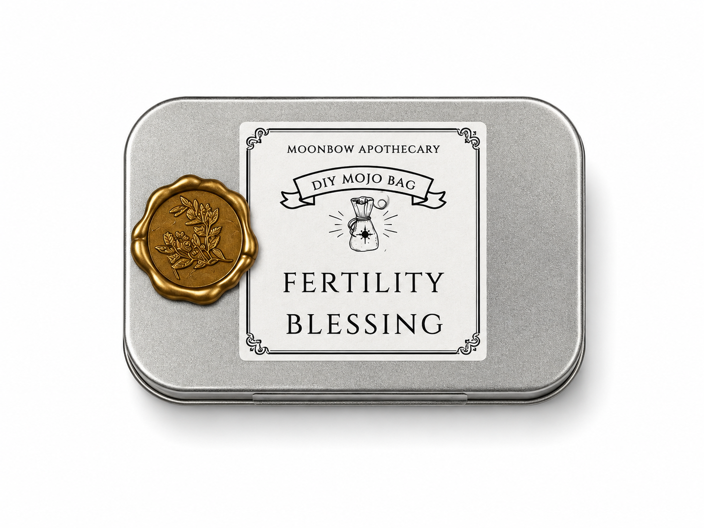 DIY Mojo Bag Fertility Blessing ritual tin with gold botanical wax seal