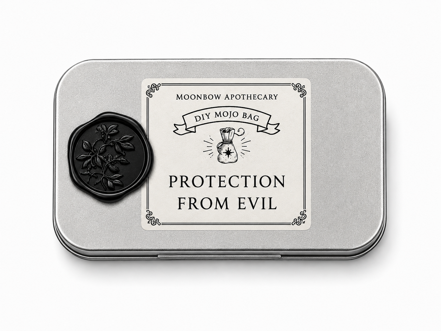 DIY Mojo Bag Protection From Evil ritual tin with black botanical wax seal