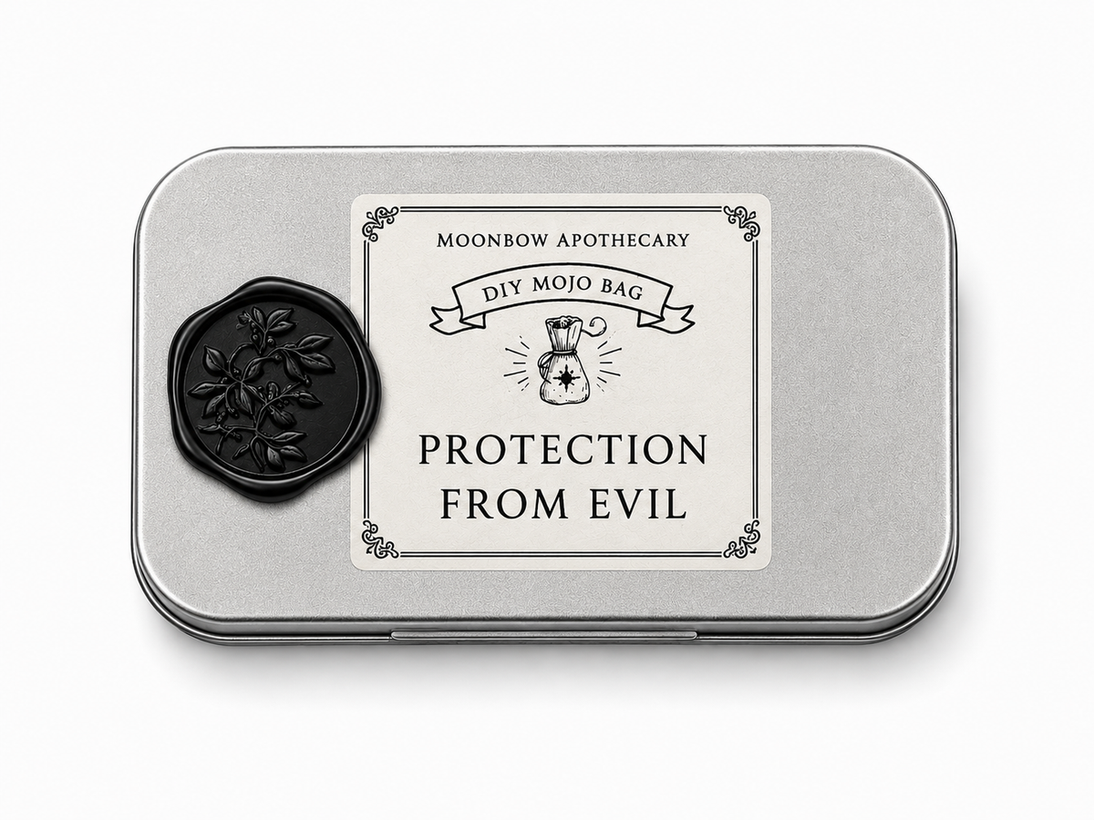 DIY Mojo Bag Protection From Evil ritual tin with black botanical wax seal