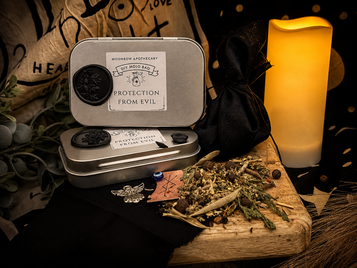 DIY Mojo Bag Protection From Evil lifestyle photo with black mojo bag, herbs, and candle