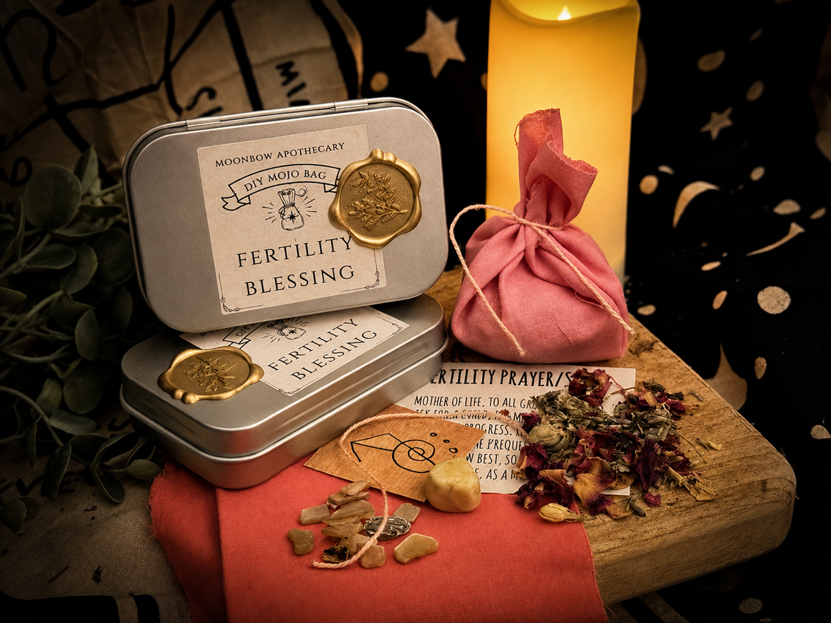 DIY Mojo Bag Fertility Blessing lifestyle photo with pink mojo bag, herbs, and candle