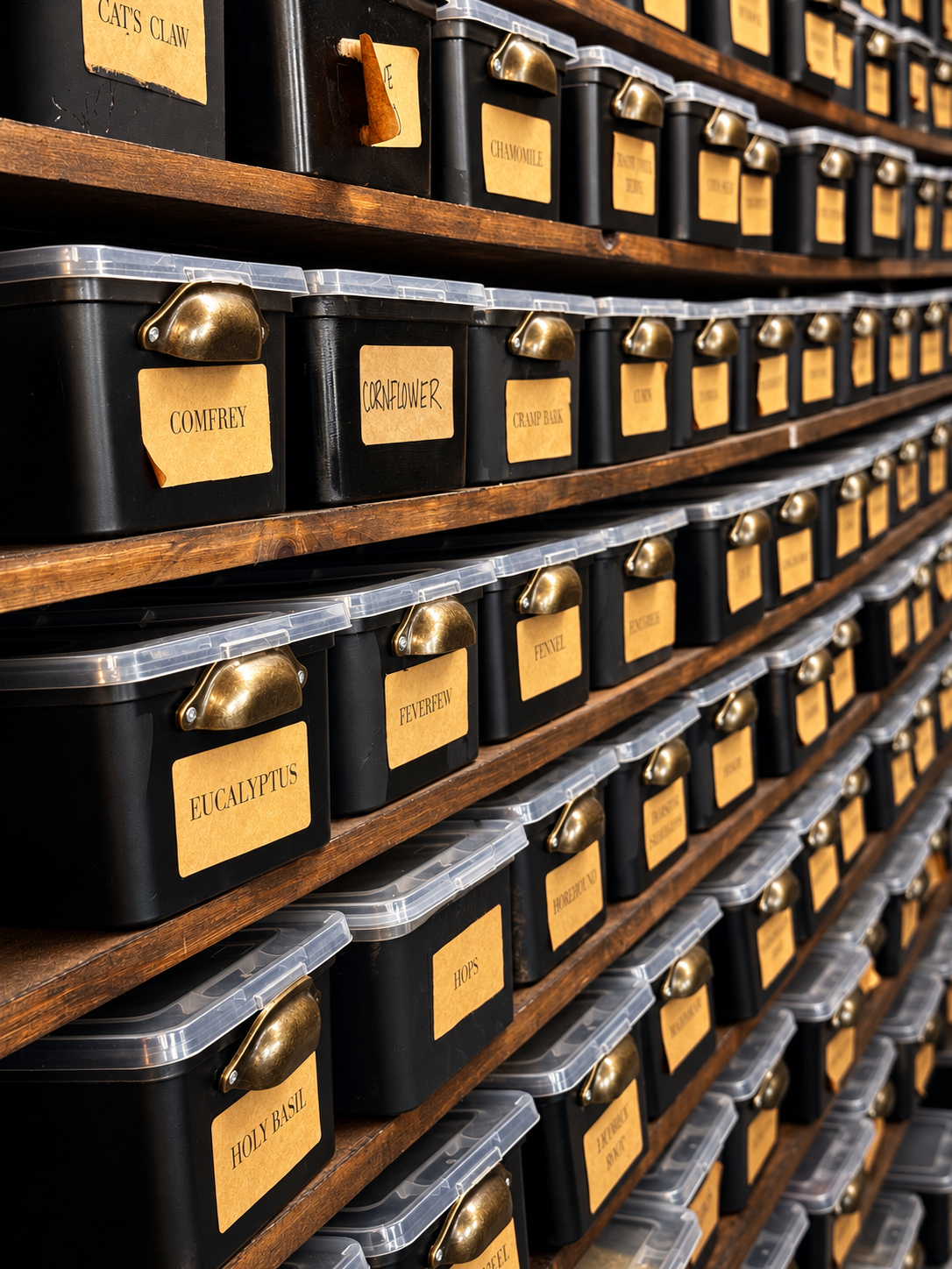 Rows of labeled apothecary herb jars on Moonbow’s shelves
