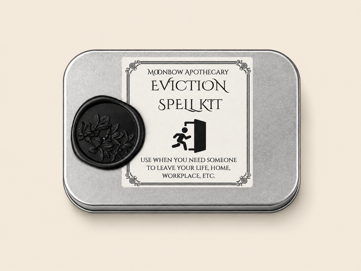 Eviction Spell Kit ritual tin with black botanical wax seal