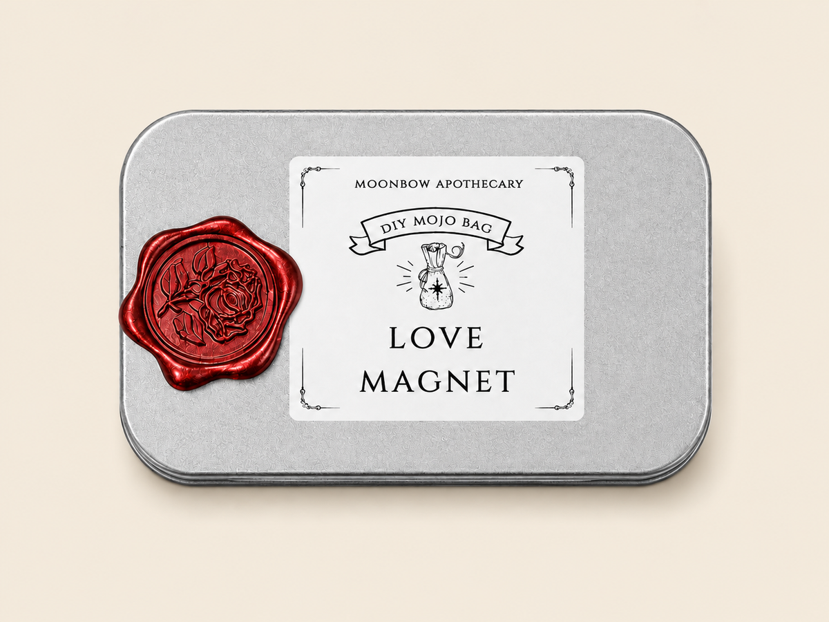 DIY Mojo Bag Love Magnet ritual tin with red rose wax seal