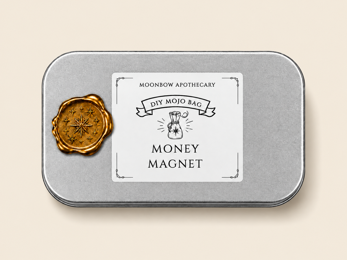 DIY Mojo Bag Money Magnet ritual tin with gold star wax seal
