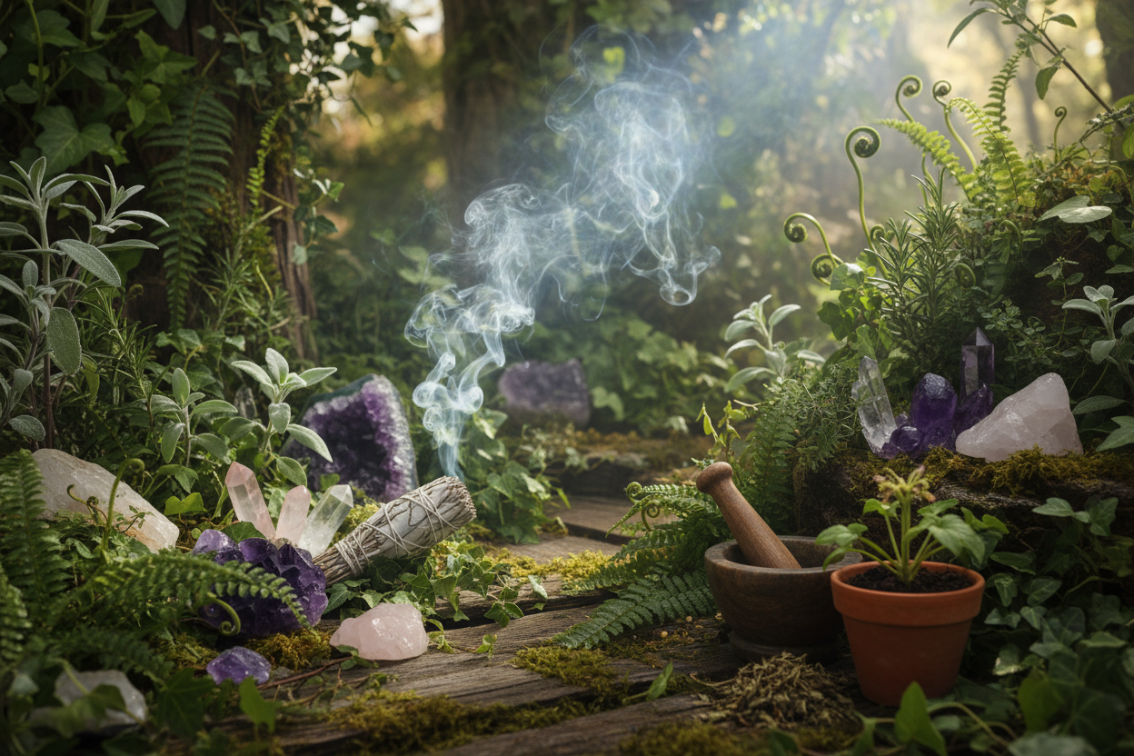witchy greenery with crystals and smudge smoke in background